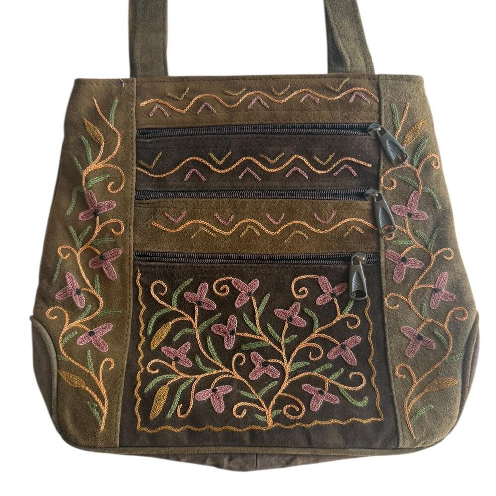 Vintage boho Brown olive suede floral embroidered shoulder bag - Picture 2 of 5